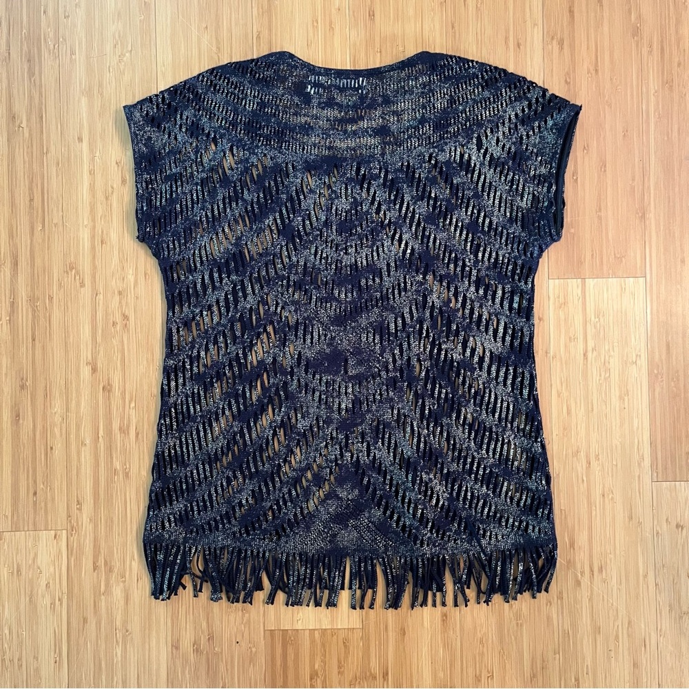 Chico's Deep Blue Knit Cut Out Top with Fringe SZ S